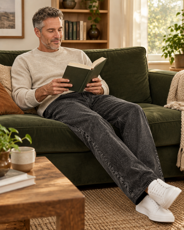 Washed Black jeans, On the sofa