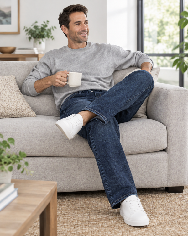 Dark Indigo jeans, On the sofa