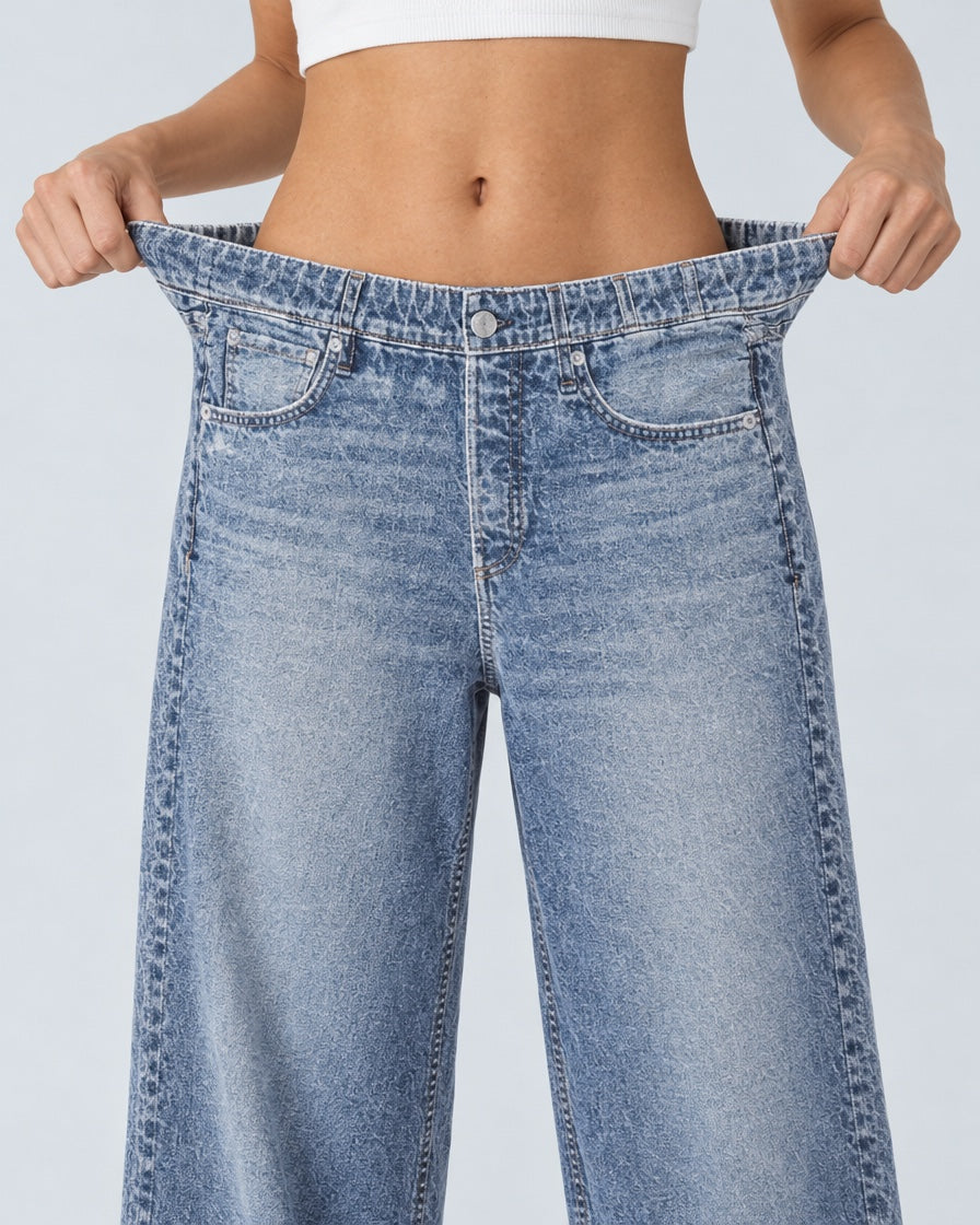 Feelin sweatpant jeans with the comfort details marked
